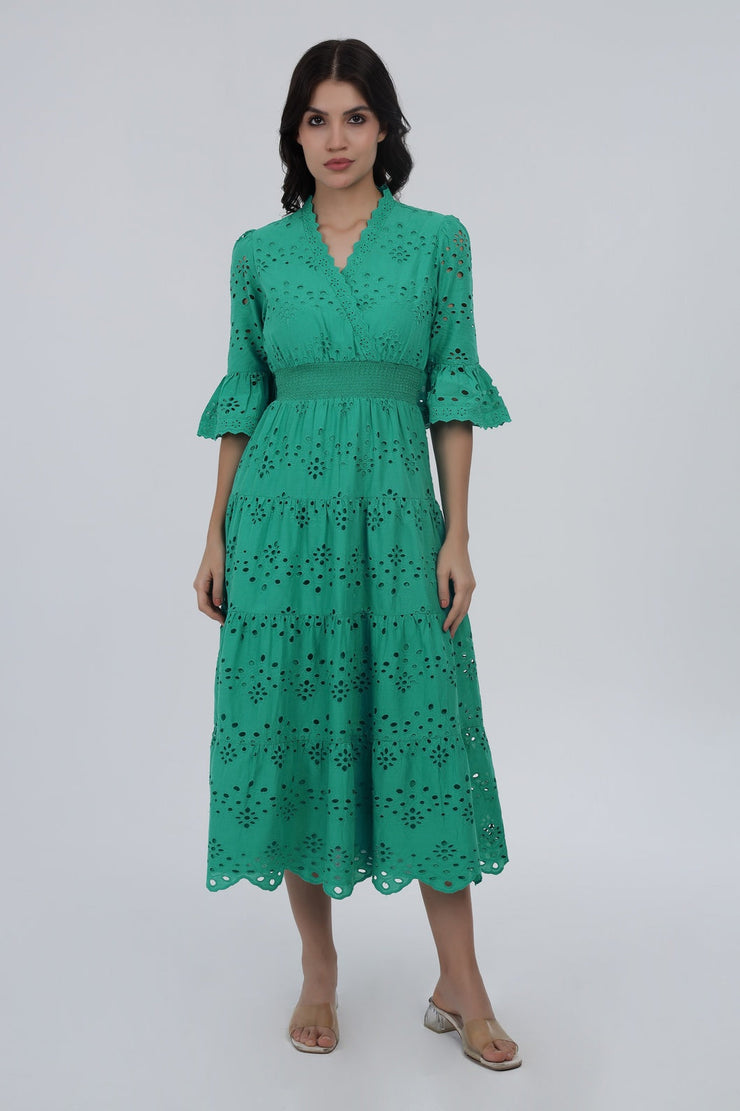 Green Schiffli Smocked Waist Maxi Dress