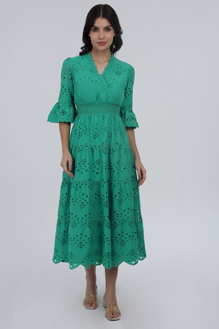 Green Schiffli Smocked Waist Maxi Dress