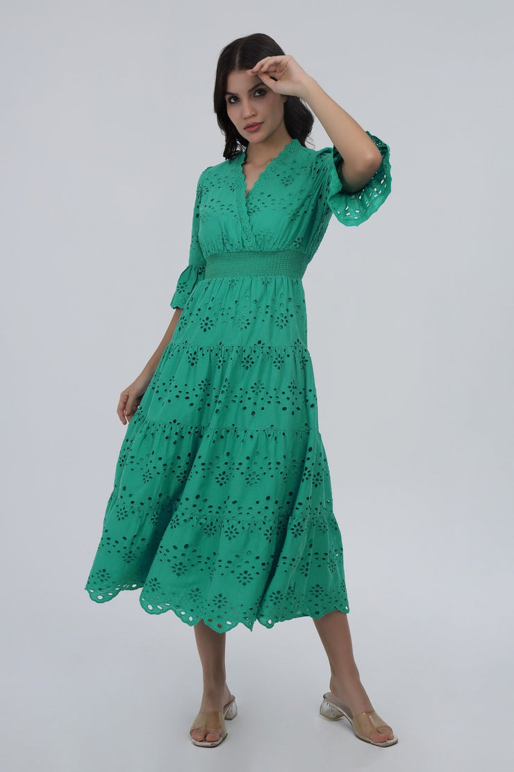 Green Schiffli Smocked Waist Maxi Dress