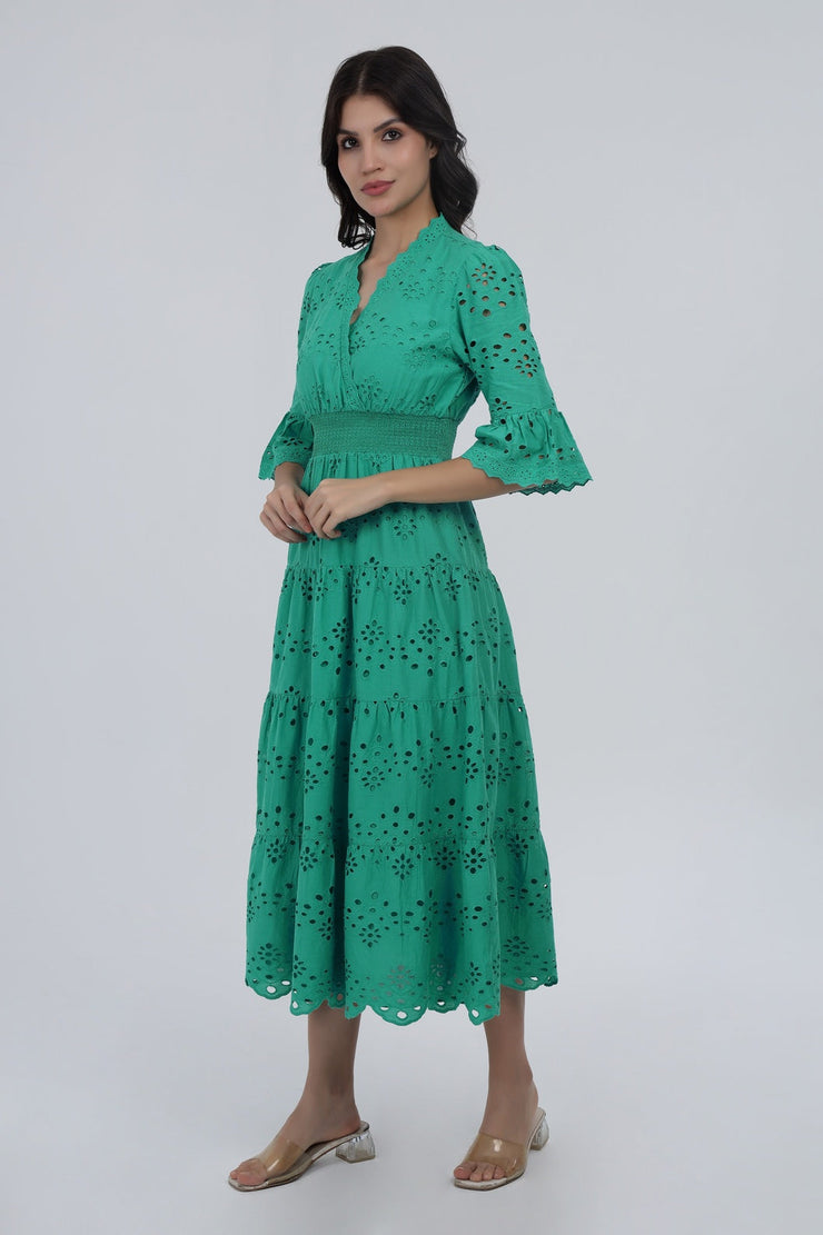 Green Schiffli Smocked Waist Maxi Dress