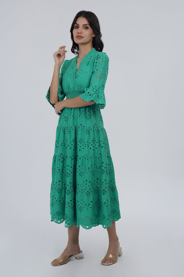 Green Schiffli Smocked Waist Maxi Dress
