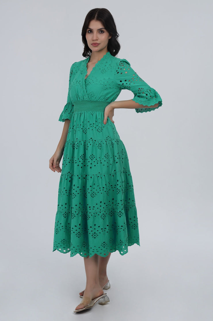 Green Schiffli Smocked Waist Maxi Dress