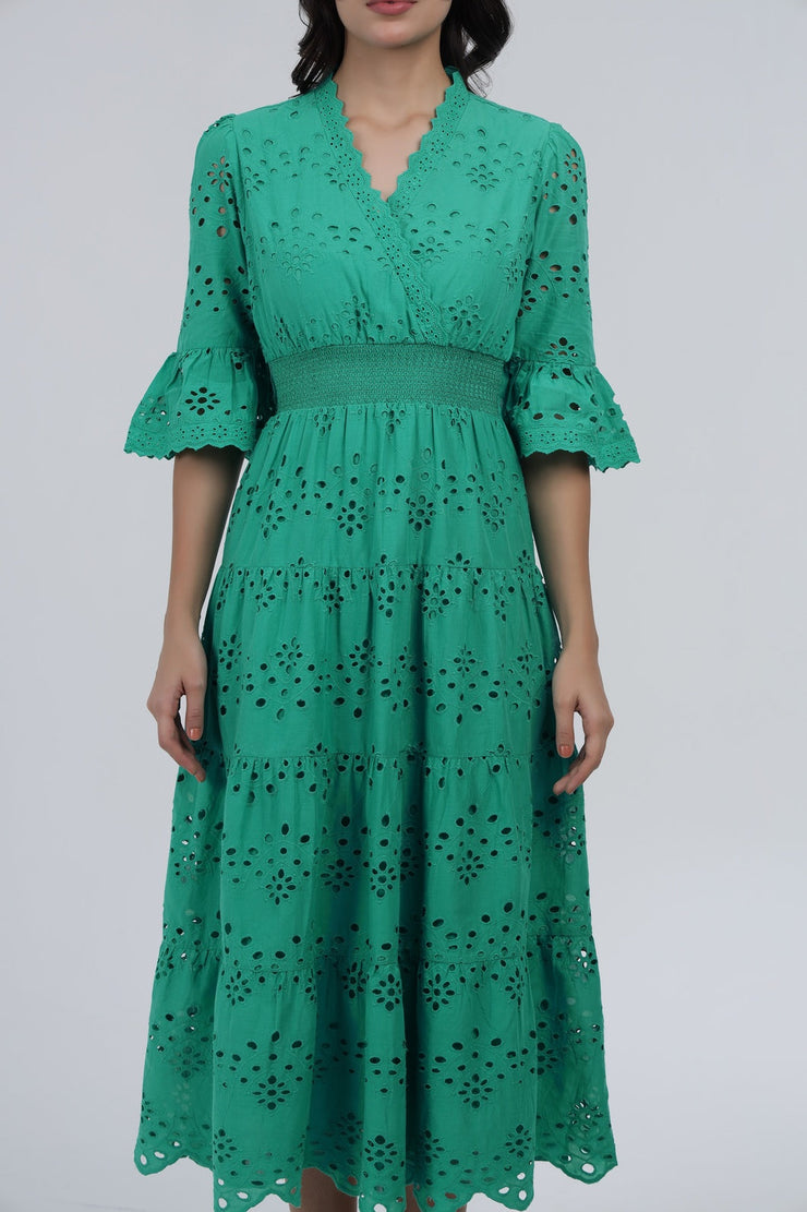 Green Schiffli Smocked Waist Maxi Dress