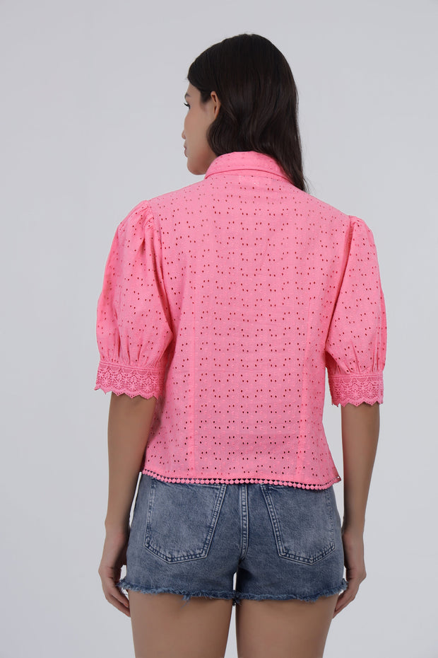 Pink Cotton Eyelet Puff Sleeve Top