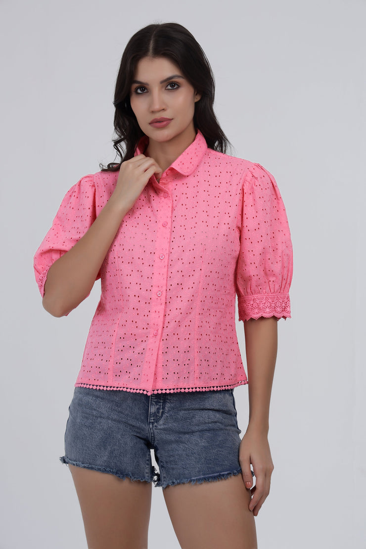 Pink Cotton Eyelet Puff Sleeve Top