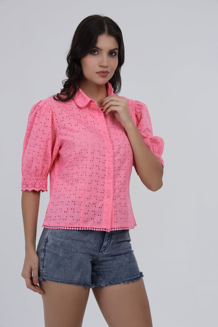 Pink Cotton Eyelet Puff Sleeve Top