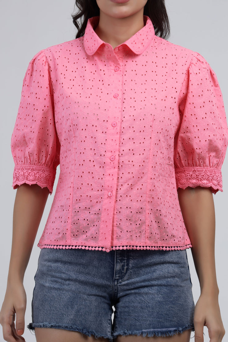 Pink Cotton Eyelet Puff Sleeve Top