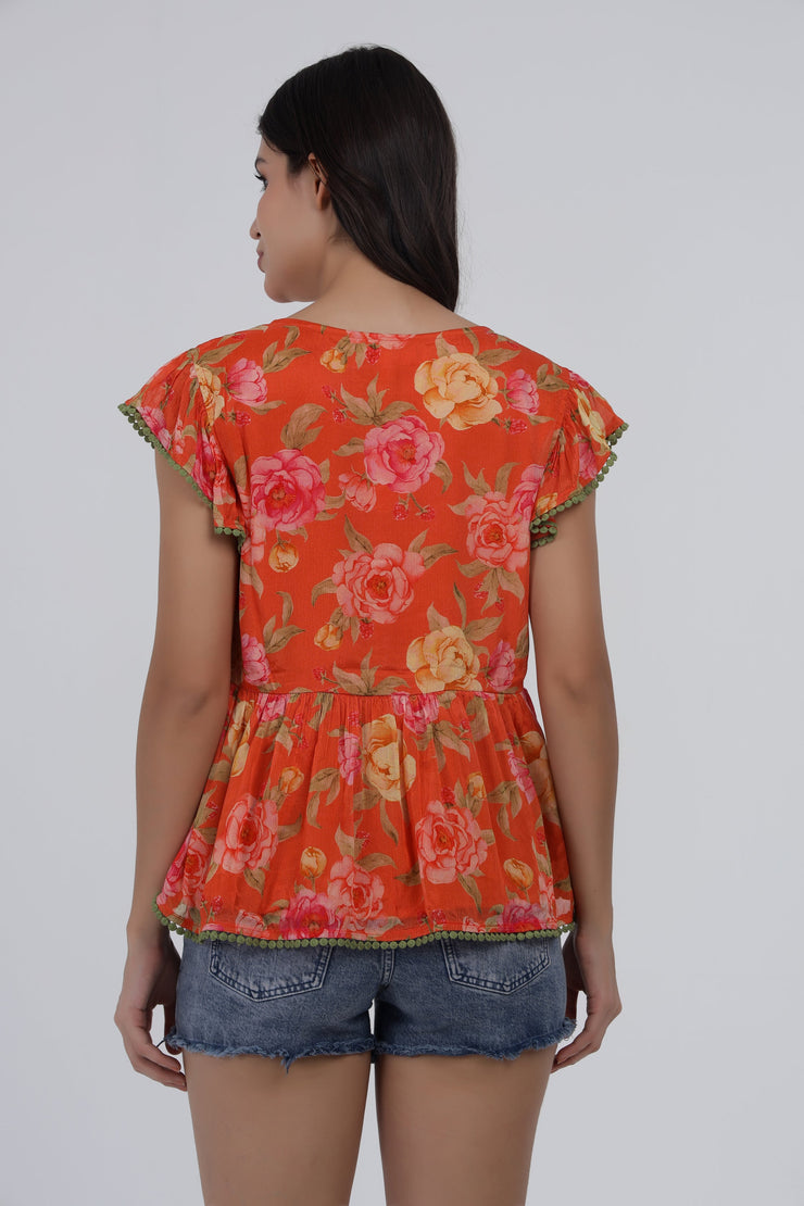Orange Floral Printed Flared Cotton Top with Cap Sleeves
