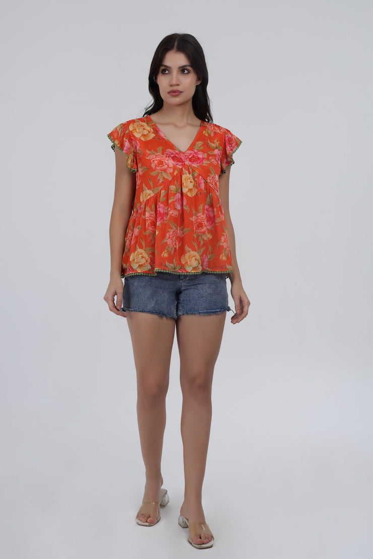 Orange Floral Printed Flared Cotton Top with Cap Sleeves