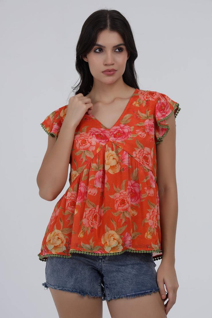 Orange Floral Printed Flared Cotton Top with Cap Sleeves