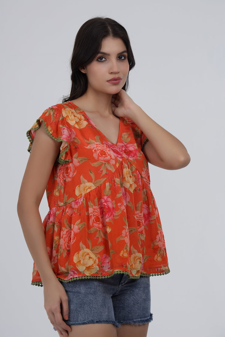 Orange Floral Printed Flared Cotton Top with Cap Sleeves