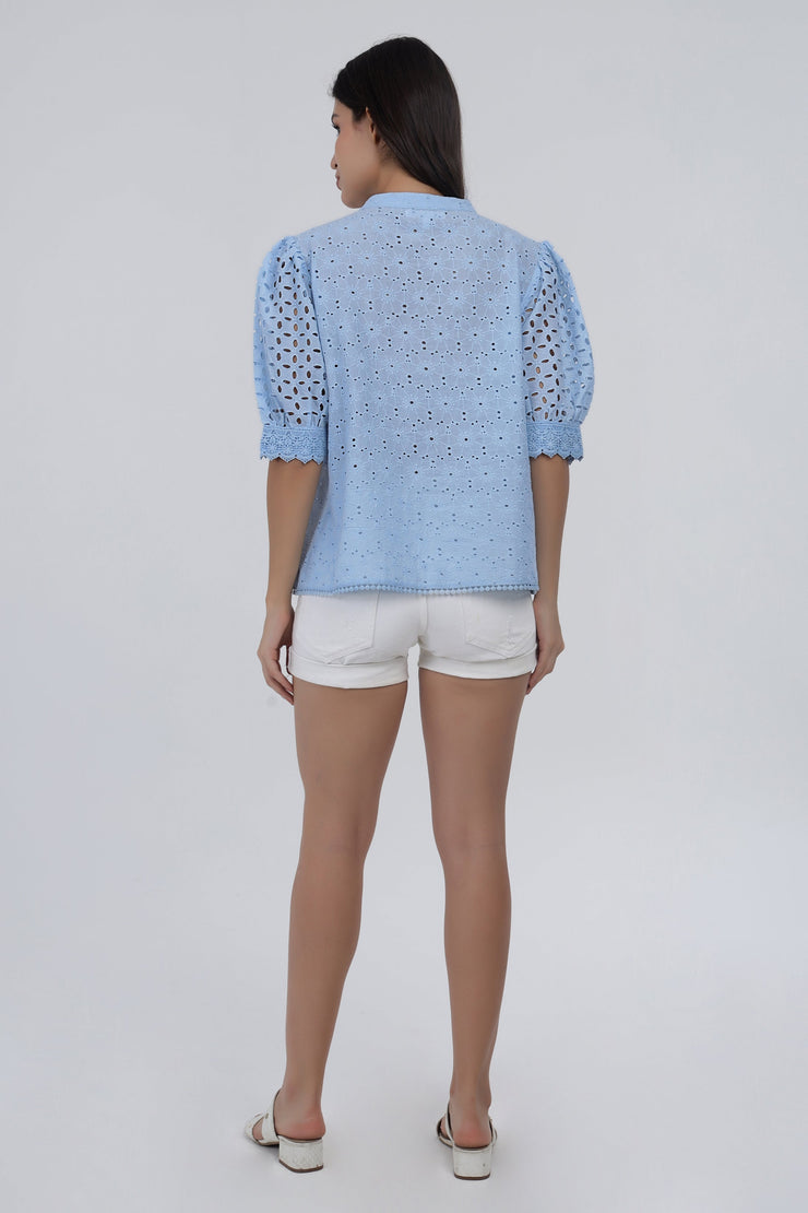 Sky Blue Eyelet Embroidered Cotton Top with Puff Sleeves
