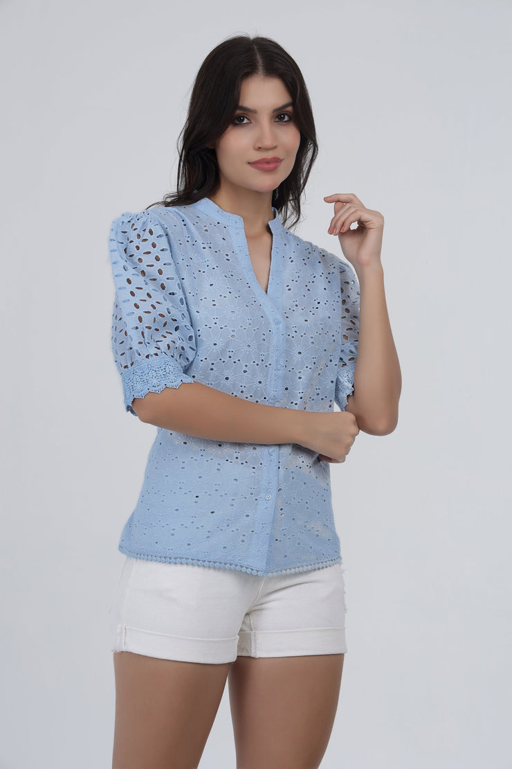 Sky Blue Eyelet Embroidered Cotton Top with Puff Sleeves