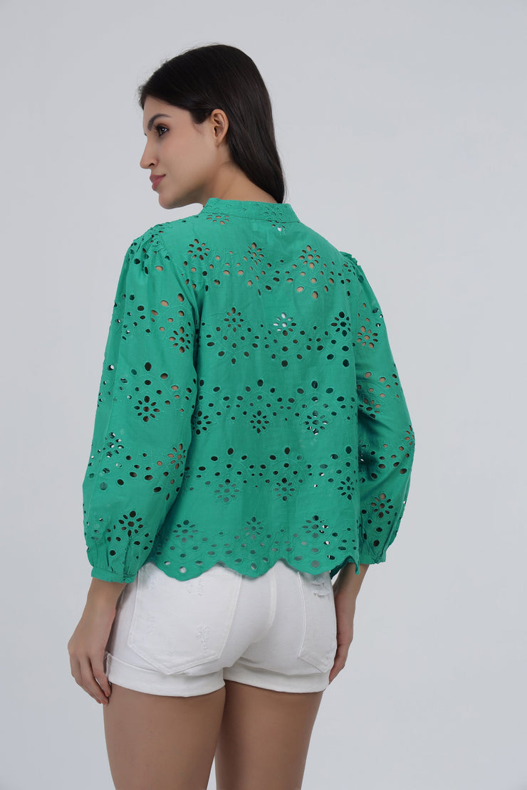 Green Eyelet Embroidered Cotton Top with Scalloped Hem