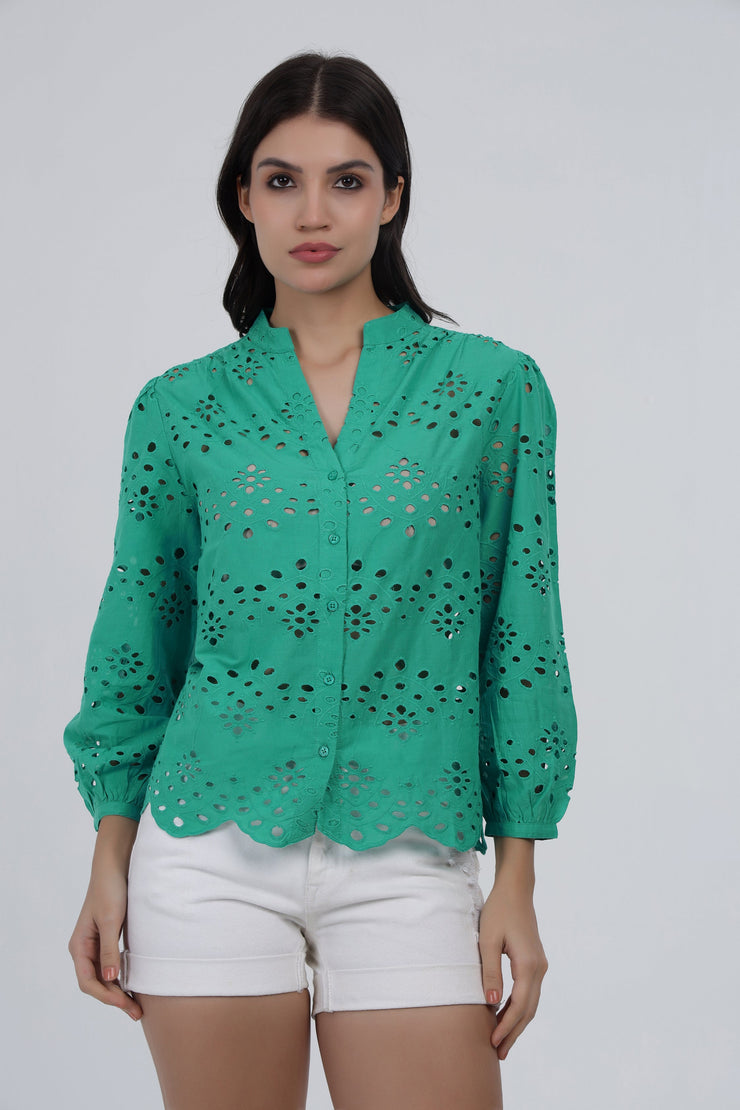 Green Eyelet Embroidered Cotton Top with Scalloped Hem