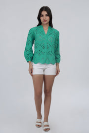 Green Eyelet Embroidered Cotton Top with Scalloped Hem