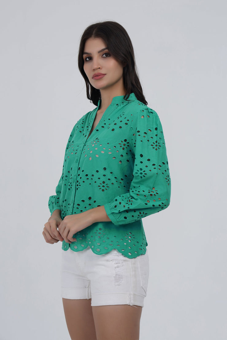 Green Eyelet Embroidered Cotton Top with Scalloped Hem