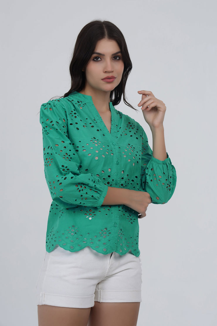 Green Eyelet Embroidered Cotton Top with Scalloped Hem
