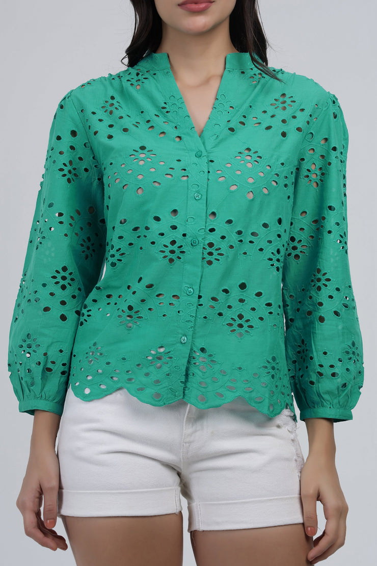 Green Eyelet Embroidered Cotton Top with Scalloped Hem