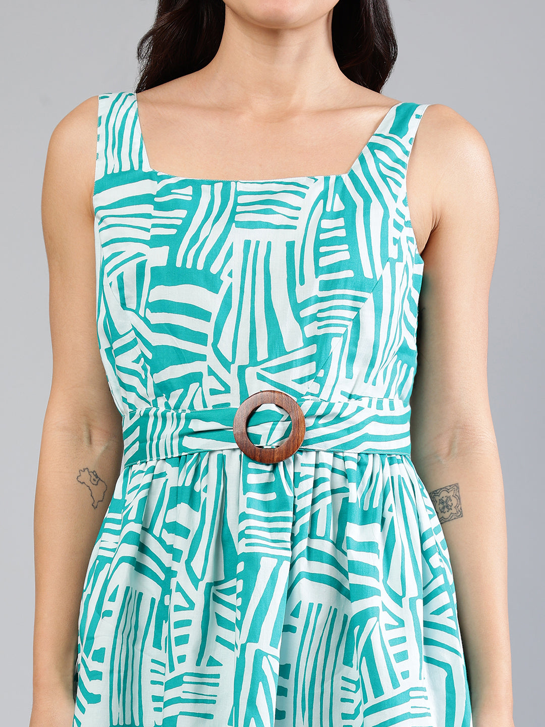 Teal Cotton Printed Mini Dress