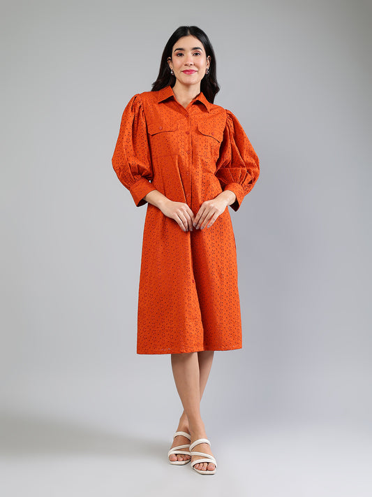 Brick Red Cotton Schiffli Dress