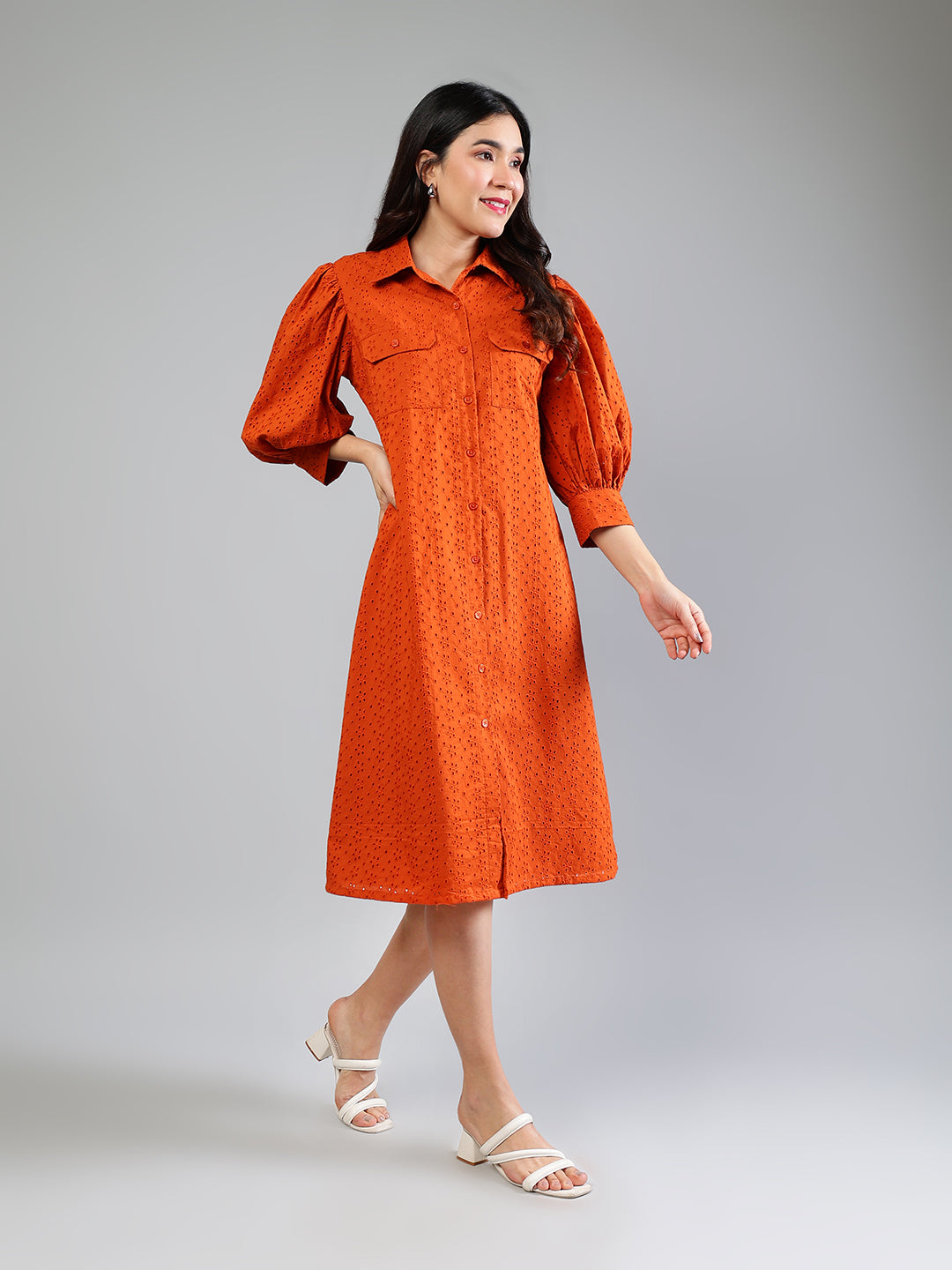 Brick Red Cotton Schiffli Dress