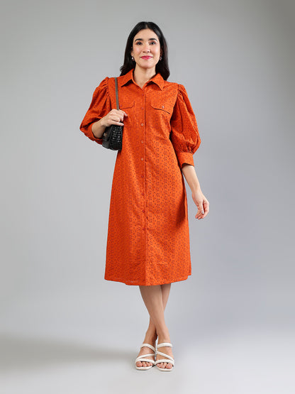 Brick Red Cotton Schiffli Dress