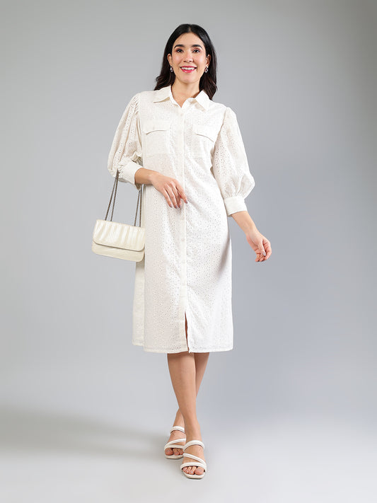 White Cotton Schiffli Dress