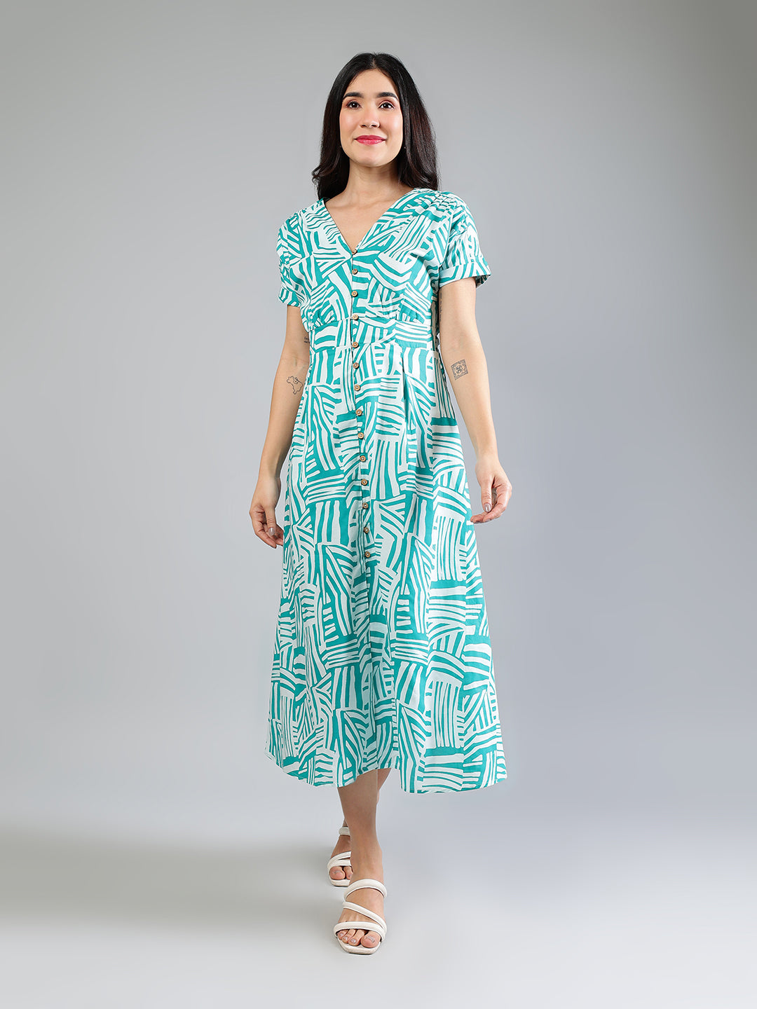 Teal Cotton Printed Dress