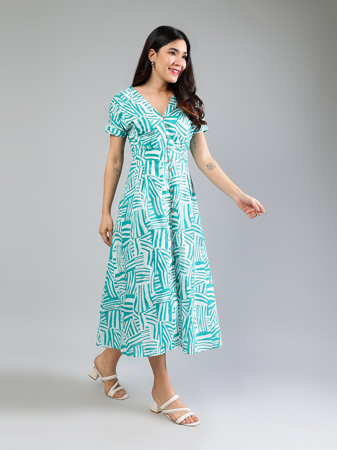 Teal Cotton Printed Dress