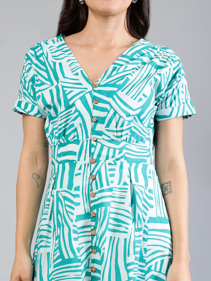 Teal Cotton Printed Dress