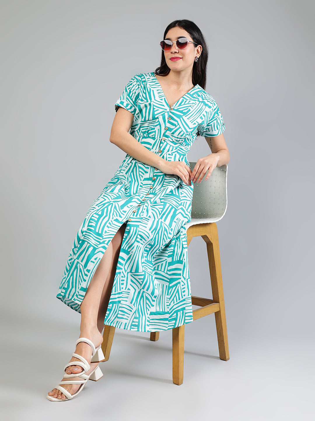 Teal Cotton Printed Dress