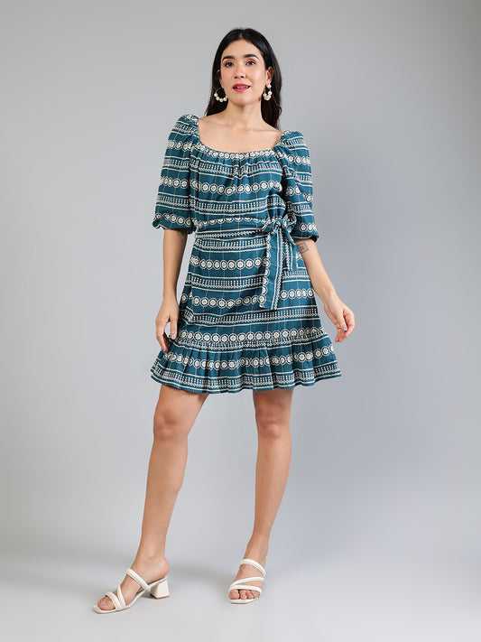 Teal Cotton Dress With White Schiffli Detailing