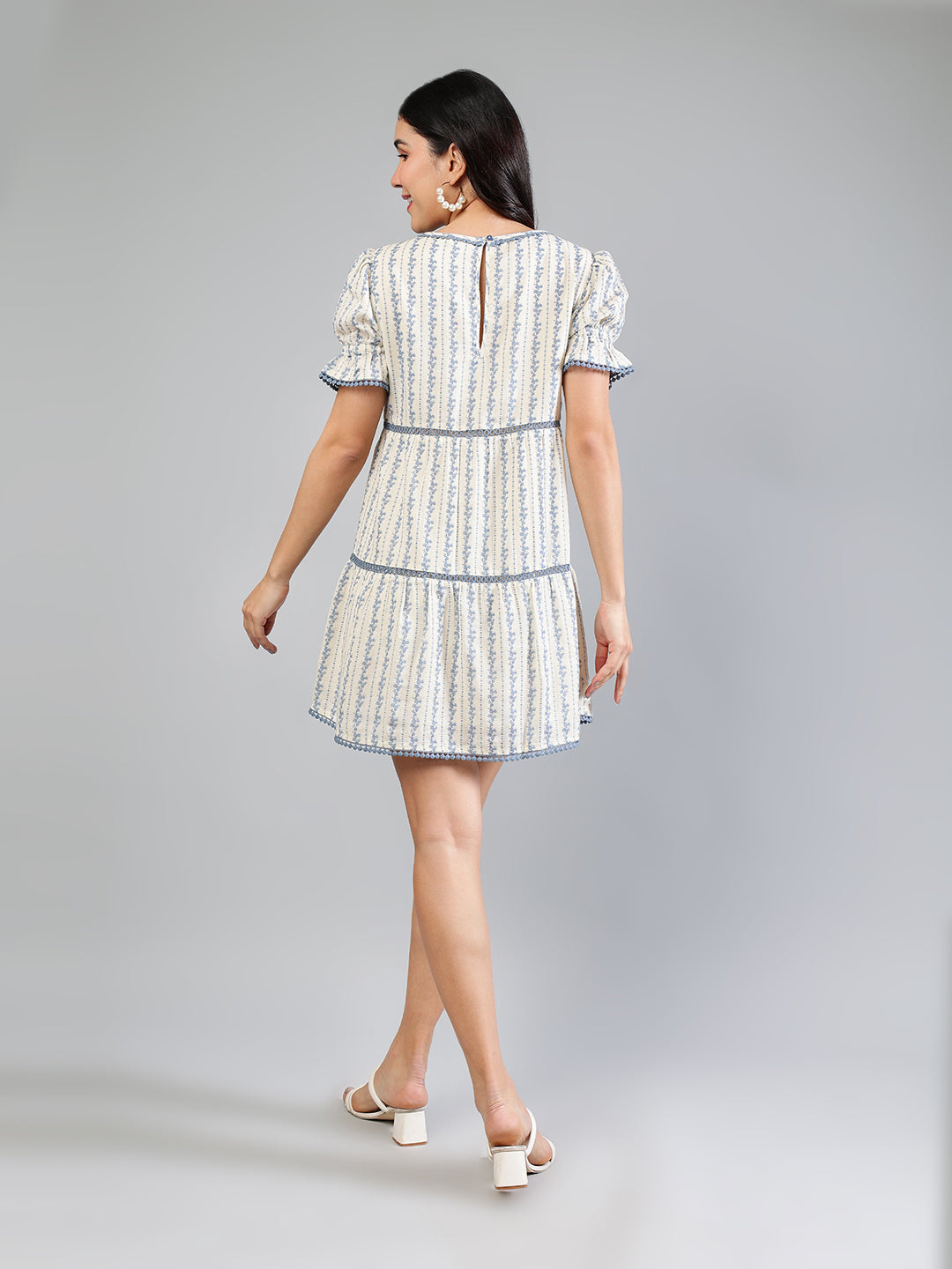 Off White Viscose Printed Dress With Lace Detailing