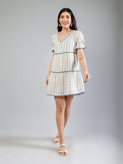 Off White Viscose Printed Dress With Lace Detailing