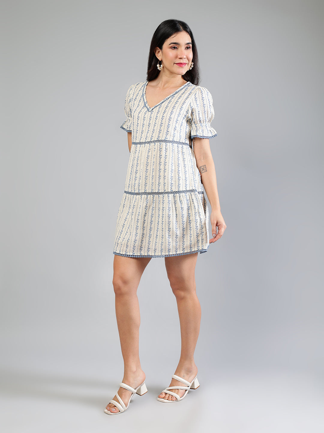 Off White Viscose Printed Dress With Lace Detailing