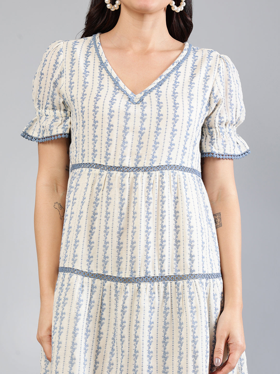 Off White Viscose Printed Dress With Lace Detailing