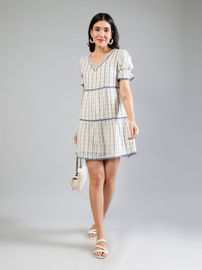 Off White Viscose Printed Dress With Lace Detailing