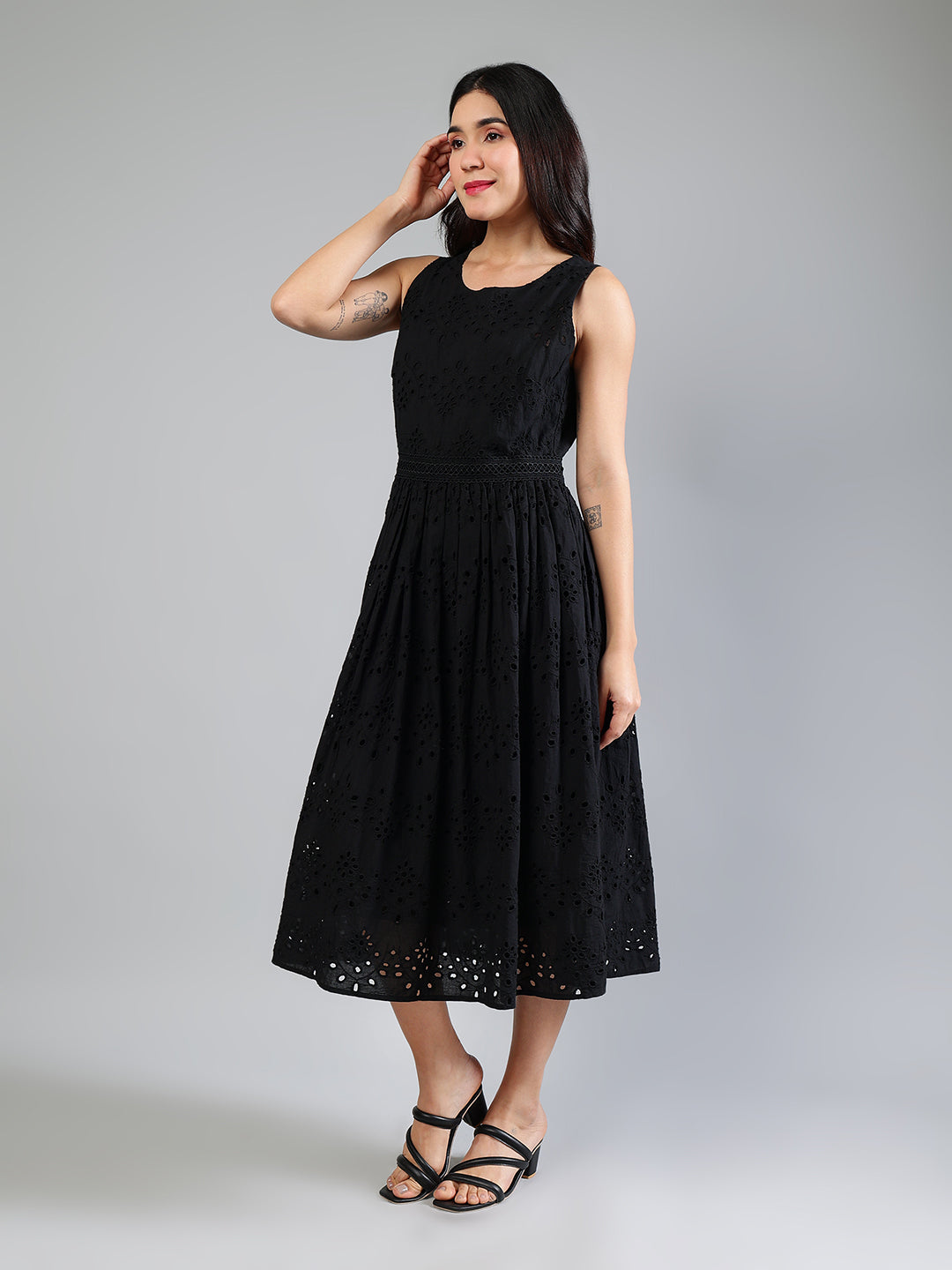 Black Schiffli Dress In Cotton