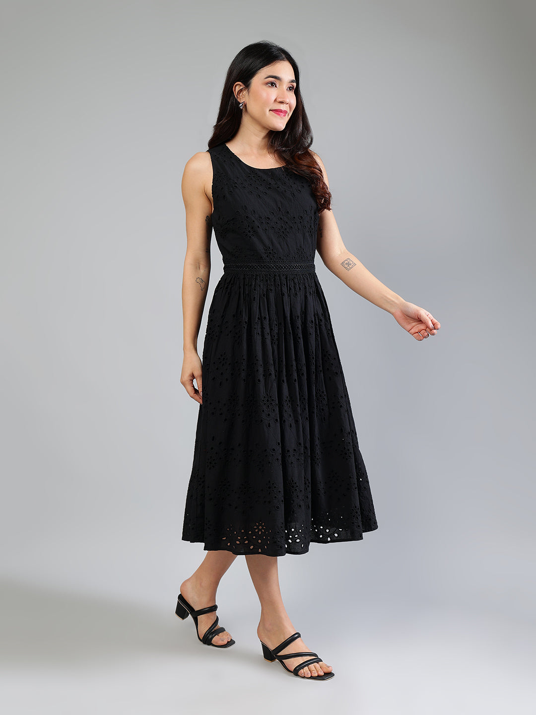 Black Schiffli Dress In Cotton