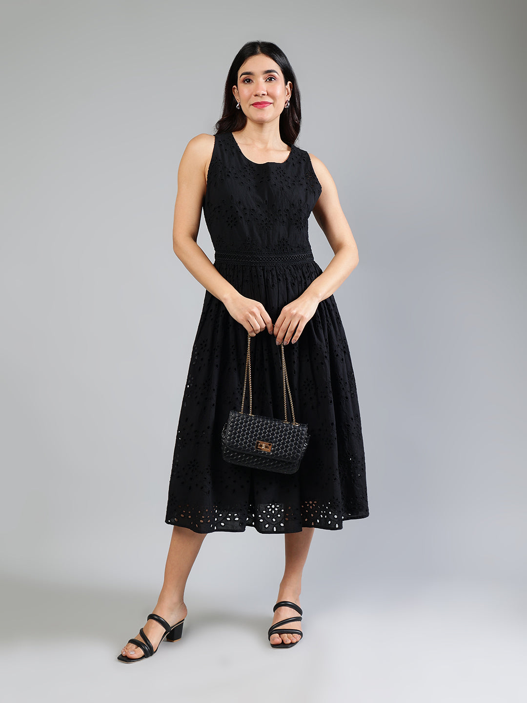 Black Schiffli Dress In Cotton