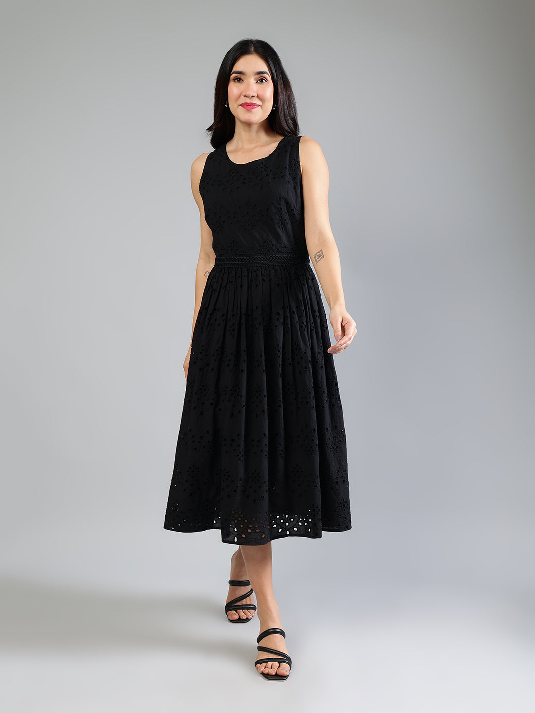 Black Schiffli Dress In Cotton