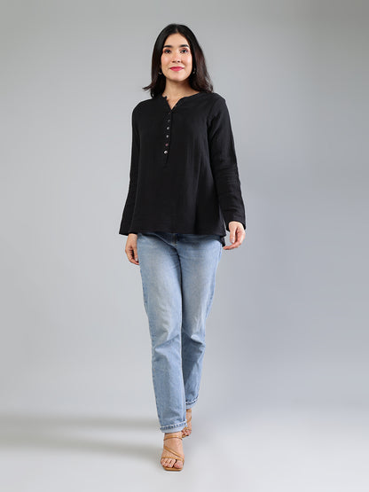 Black Cotton Top With Button Detailing