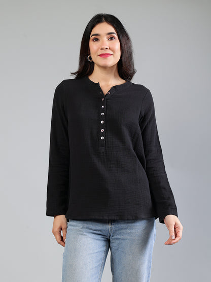 Black Cotton Top With Button Detailing