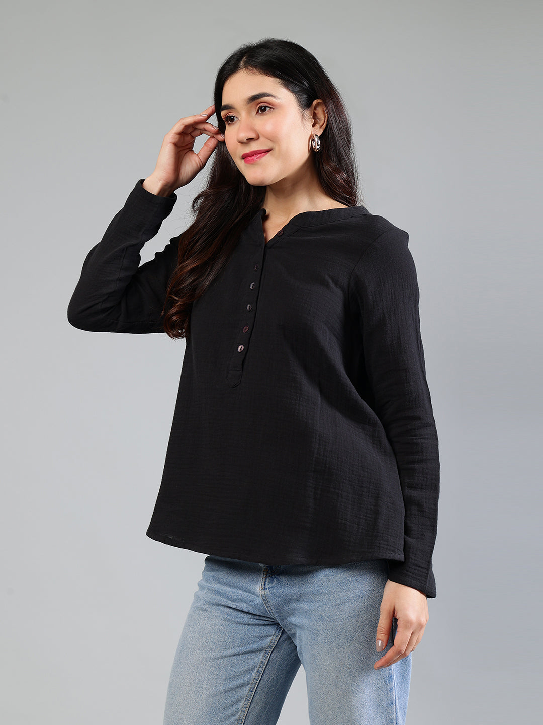 Black Cotton Top With Button Detailing