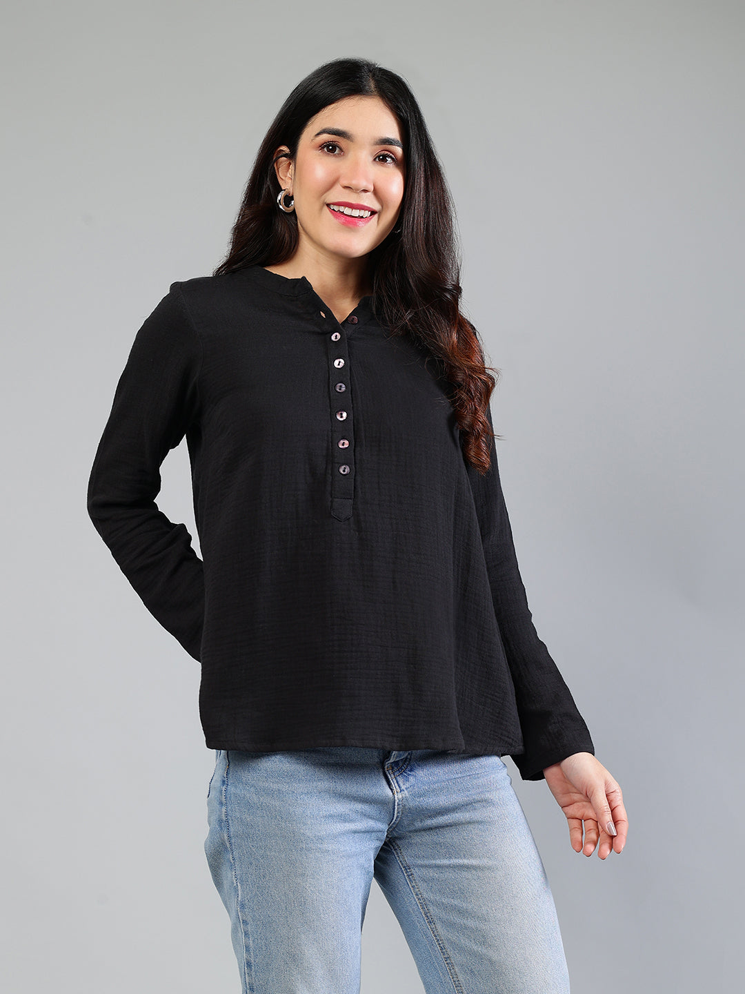 Black Cotton Top With Button Detailing