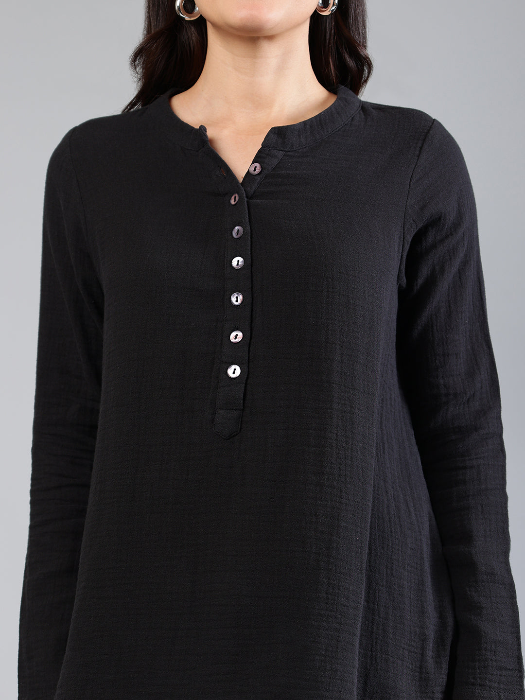 Black Cotton Top With Button Detailing