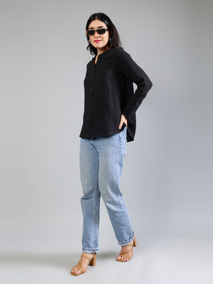 Black Cotton Top With Button Detailing