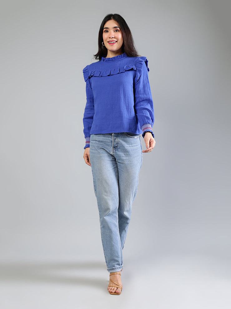 Royal Blue Cotton Top With Color Ful Detailing On Sleeve