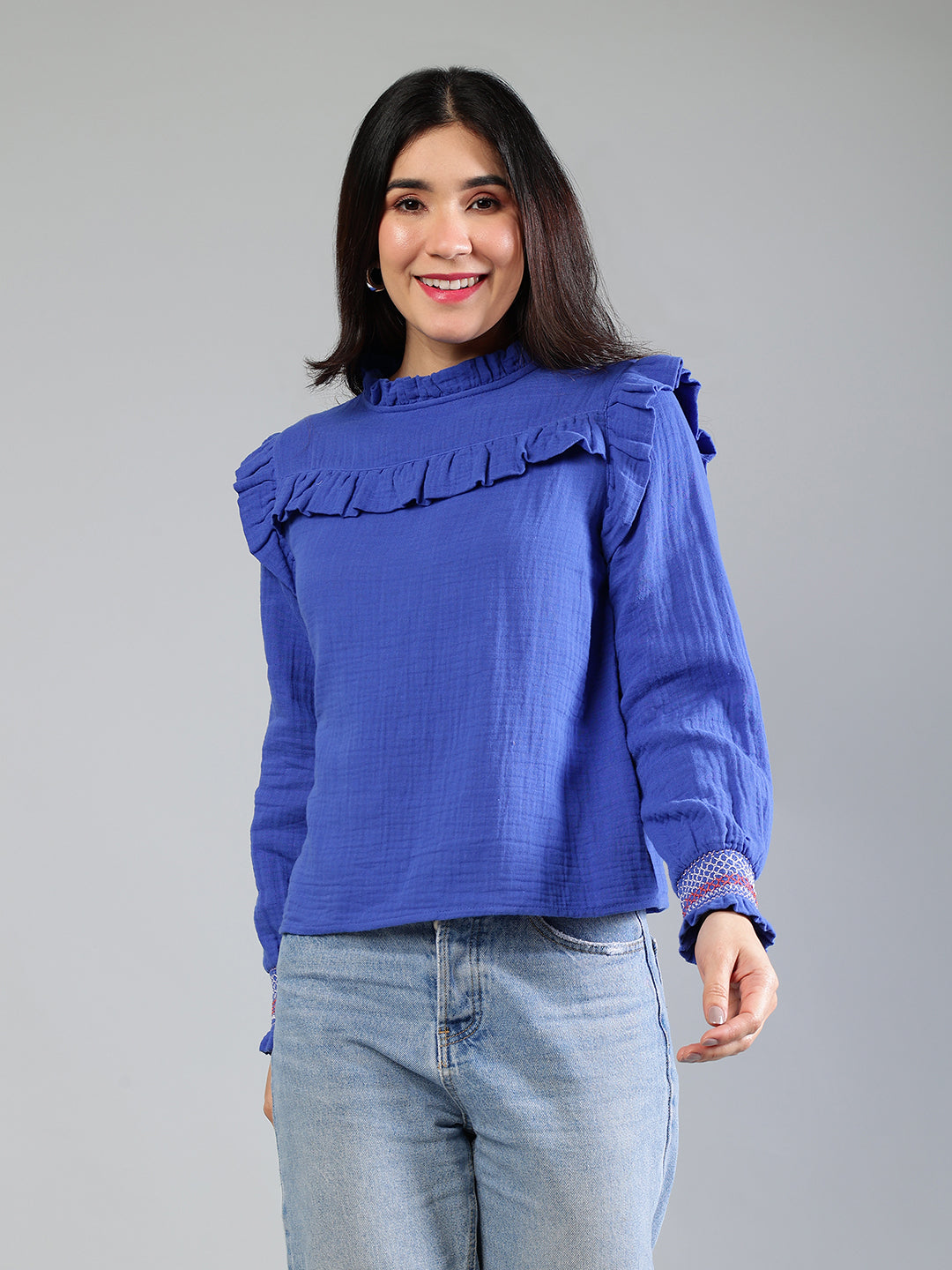 Royal Blue Cotton Top With Color Full Detailing On Sleeve